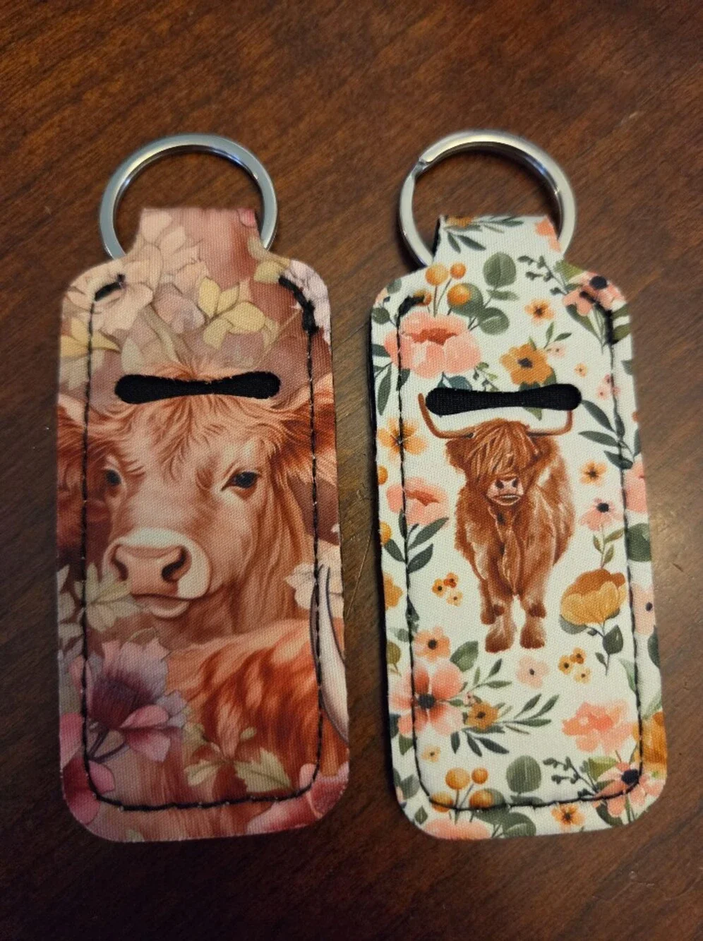 Floral Highland Cow Kids Hand Sanitizer Holder Keychain - Pink & Cream
